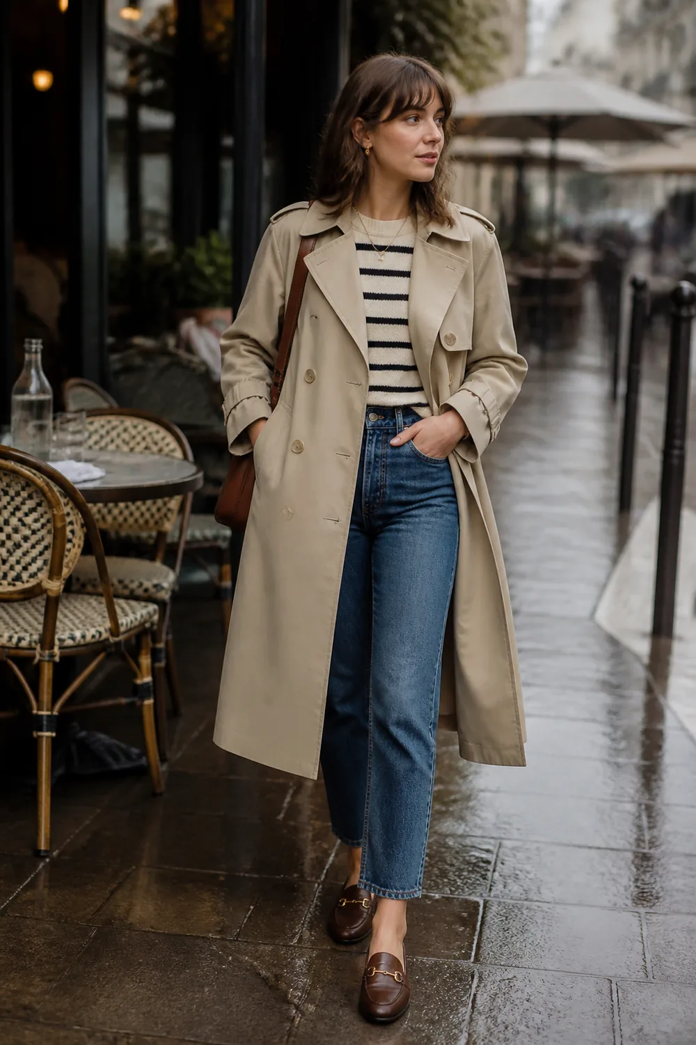 A stone trench over a striped knit, ankle jeans, and brown loafers