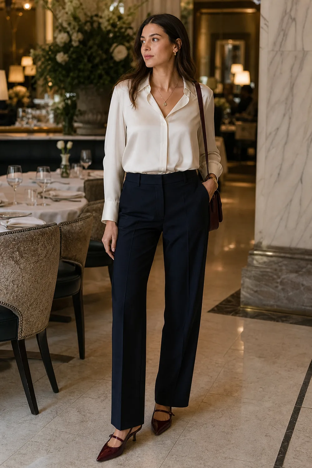 An ivory silk blouse, navy tailored trousers, and burgundy slingbacks