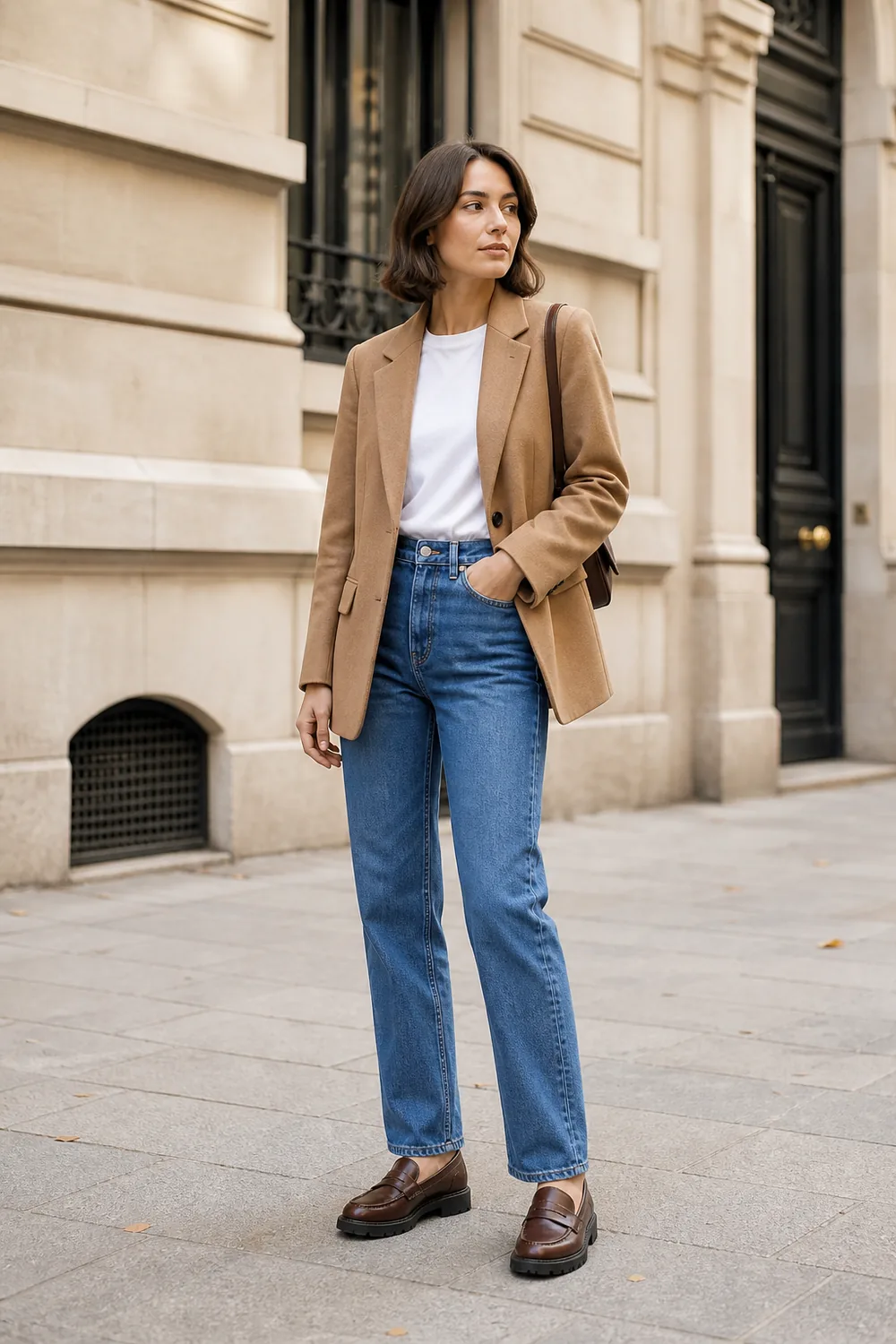 Camel blazer over a white T-shirt with straight blue jeans and chunky brown leather loafers