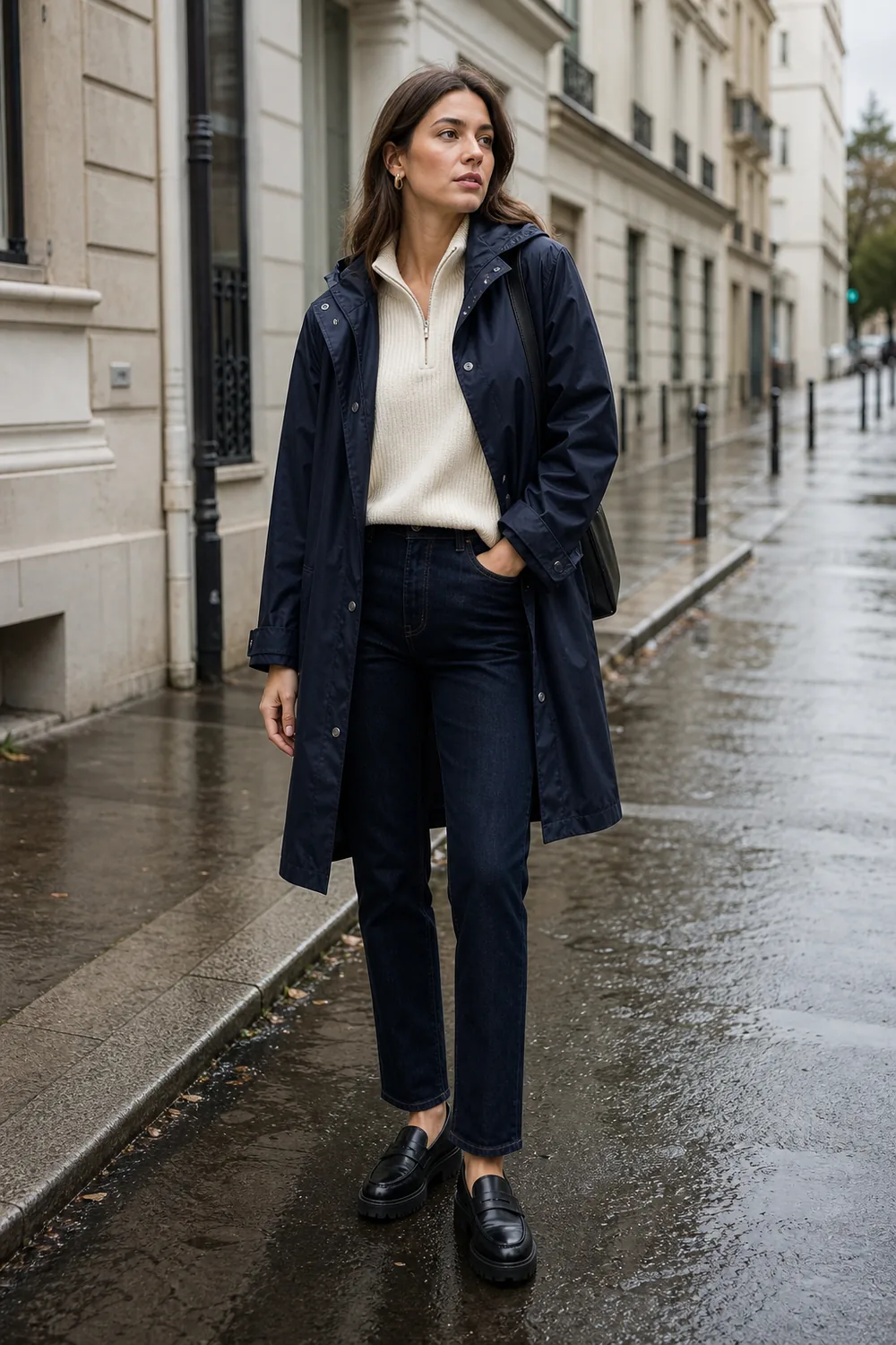 Navy raincoat with dark straight jeans and black lug-sole loafers on a wet city street