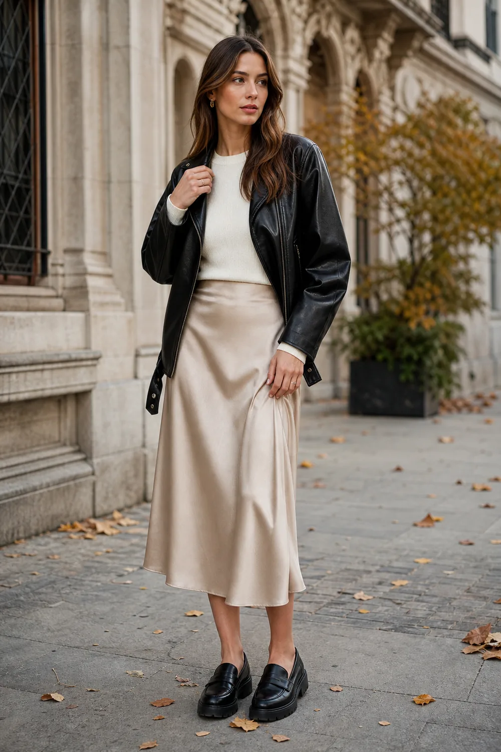 Black leather jacket with a champagne satin midi skirt and chunky black loafers on a fall street
