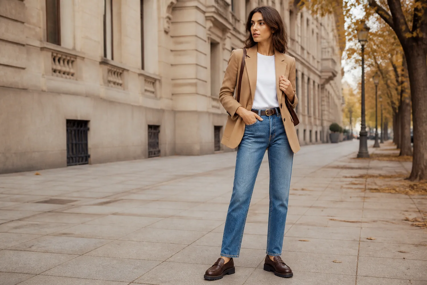 Woman wearing a camel blazer, white T-shirt, straight blue jeans, and chunky brown loafers on an autumn city street