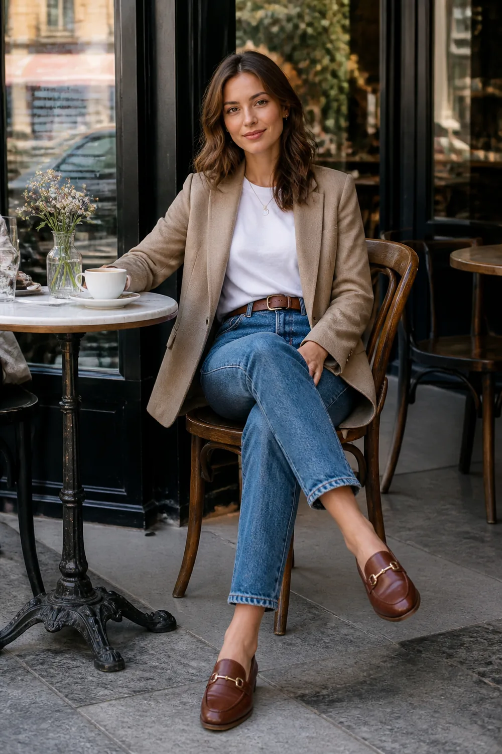 A camel blazer over a white tee, straight blue jeans, and brown loafers