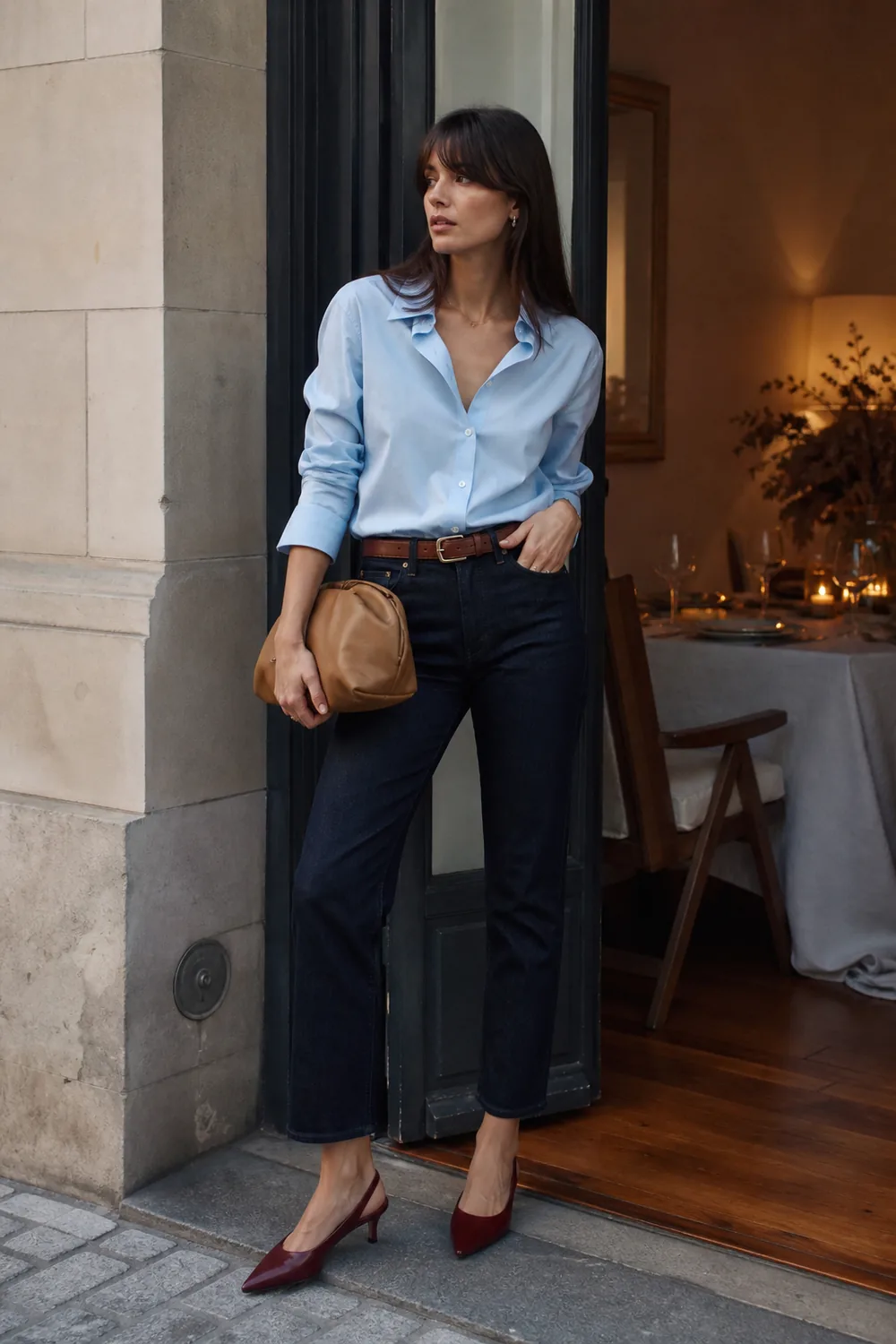 A pale blue shirt, dark jeans, a camel belt, and burgundy kitten heels