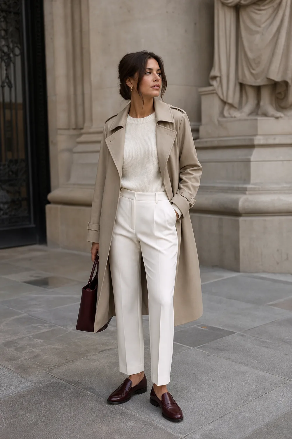 A stone trench over an ivory knit, ankle trousers, and burgundy loafers