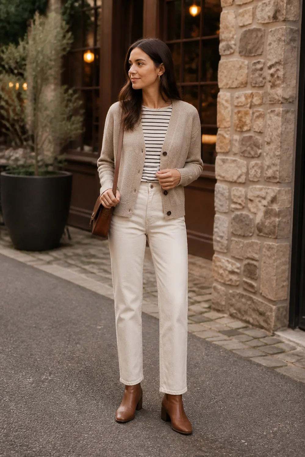 An oatmeal cardigan, striped tee, ecru jeans, and brown ankle boots