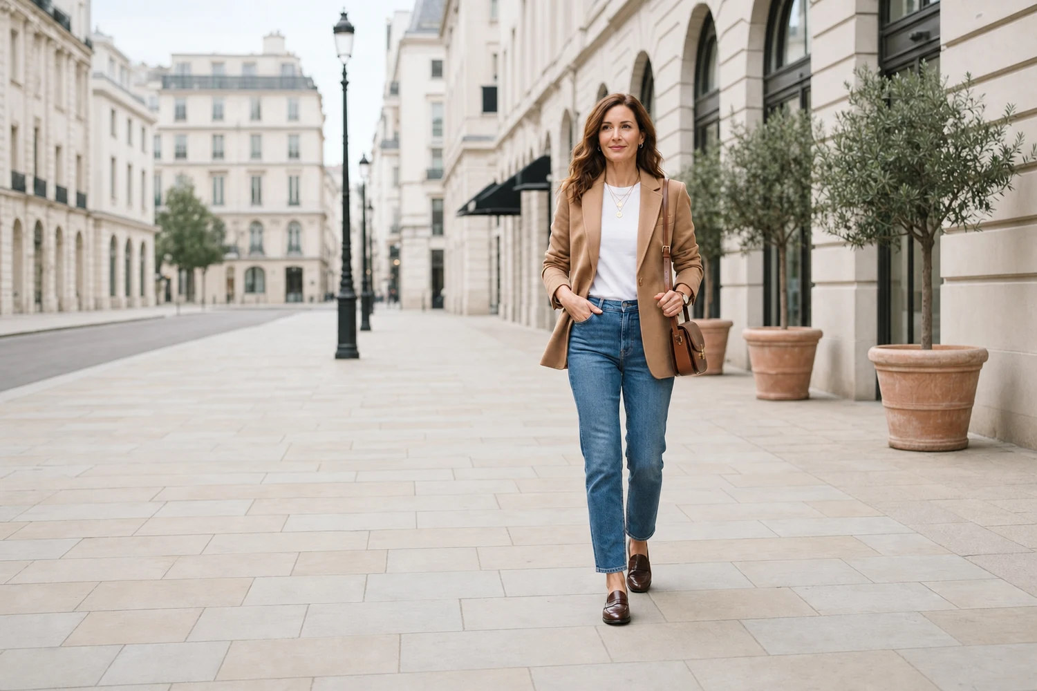 Woman wearing a camel blazer, white T-shirt, straight jeans, and brown loafers on a city sidewalk