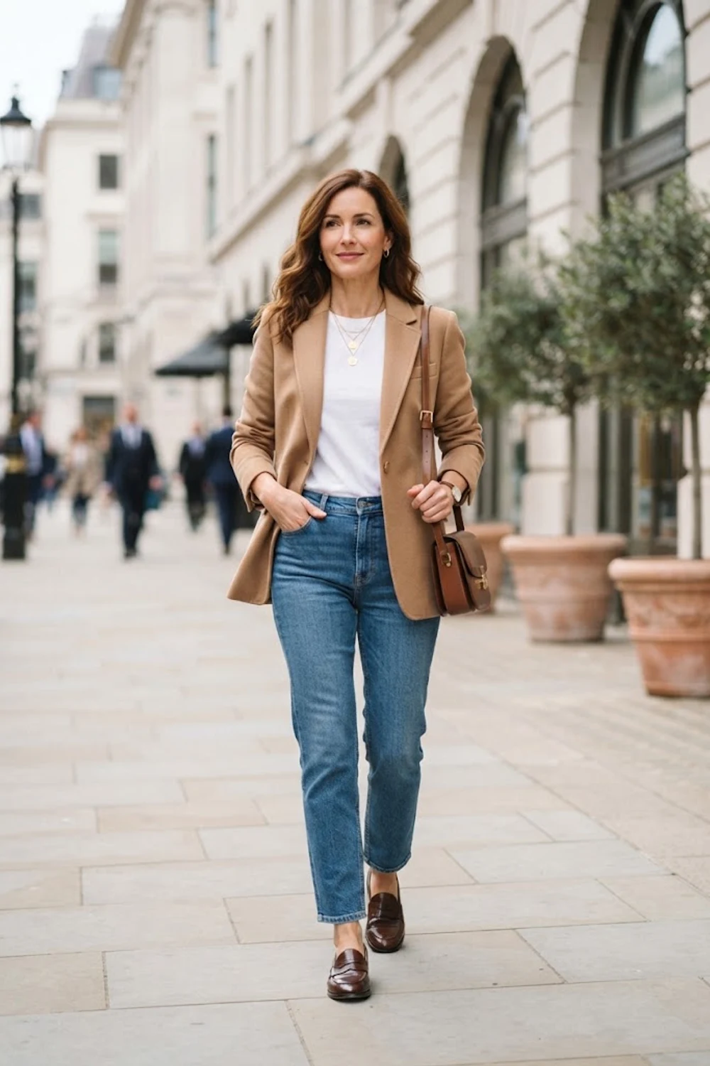 Woman wearing a camel blazer, white T-shirt, straight blue jeans, and brown penny loafers