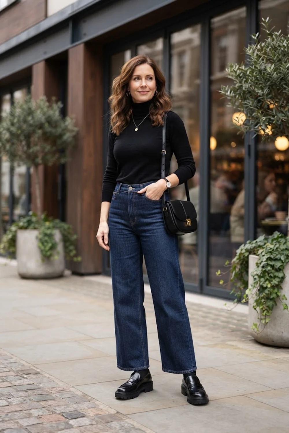 Woman wearing a black turtleneck, dark wide-leg jeans, and chunky black loafers