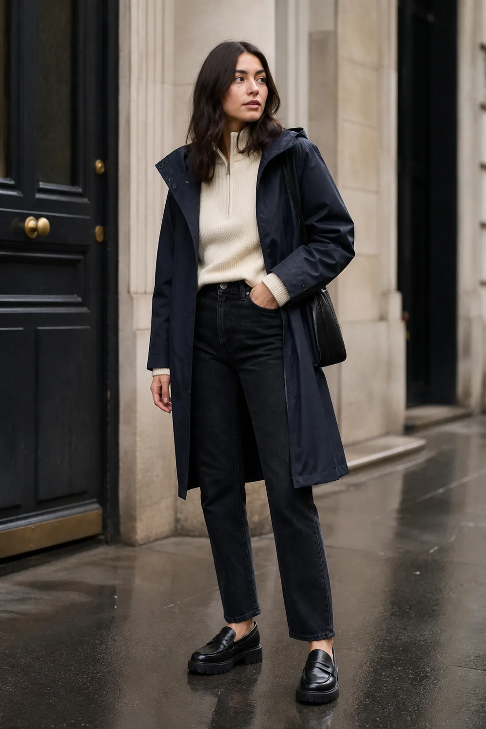 A navy raincoat, ivory knit, dark straight jeans, and black lug-sole loafers