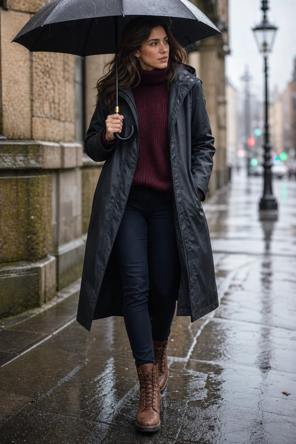 A waterproof long coat over a burgundy wool sweater, dark jeans, and brown weatherproof boots