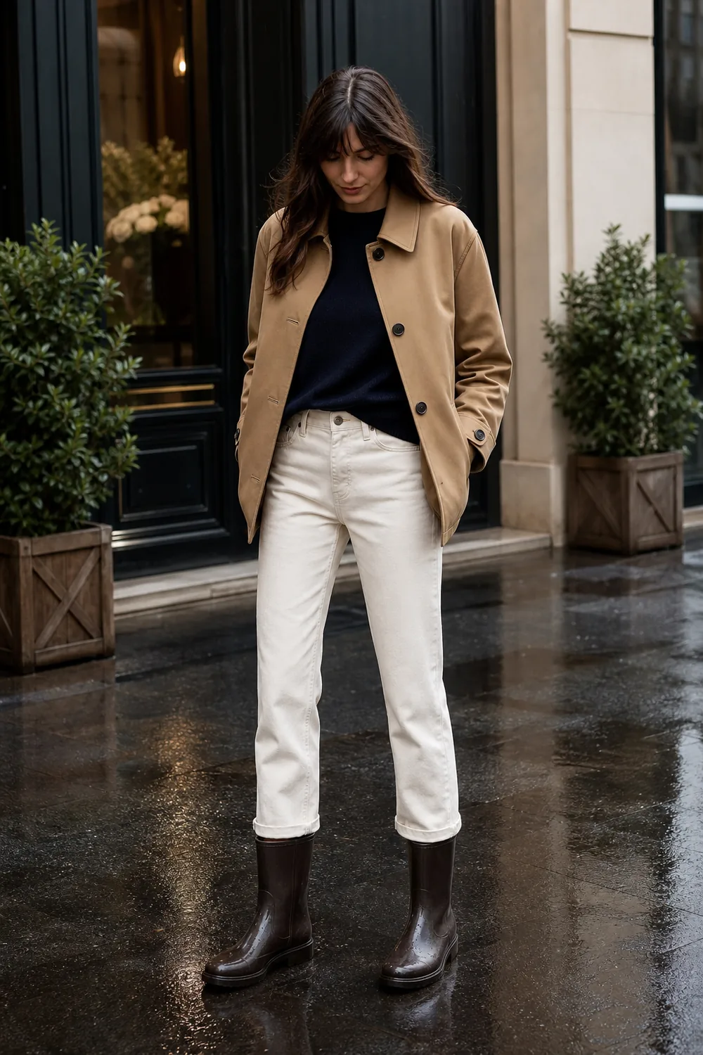 A camel short mac, navy sweater, ecru jeans, and brown rain boots
