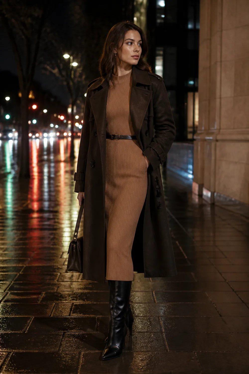 A chocolate trench over a ribbed camel midi dress with black knee boots