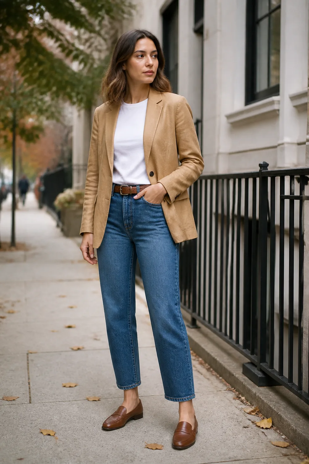A camel linen-blend blazer over a white T-shirt with straight blue jeans and brown loafers