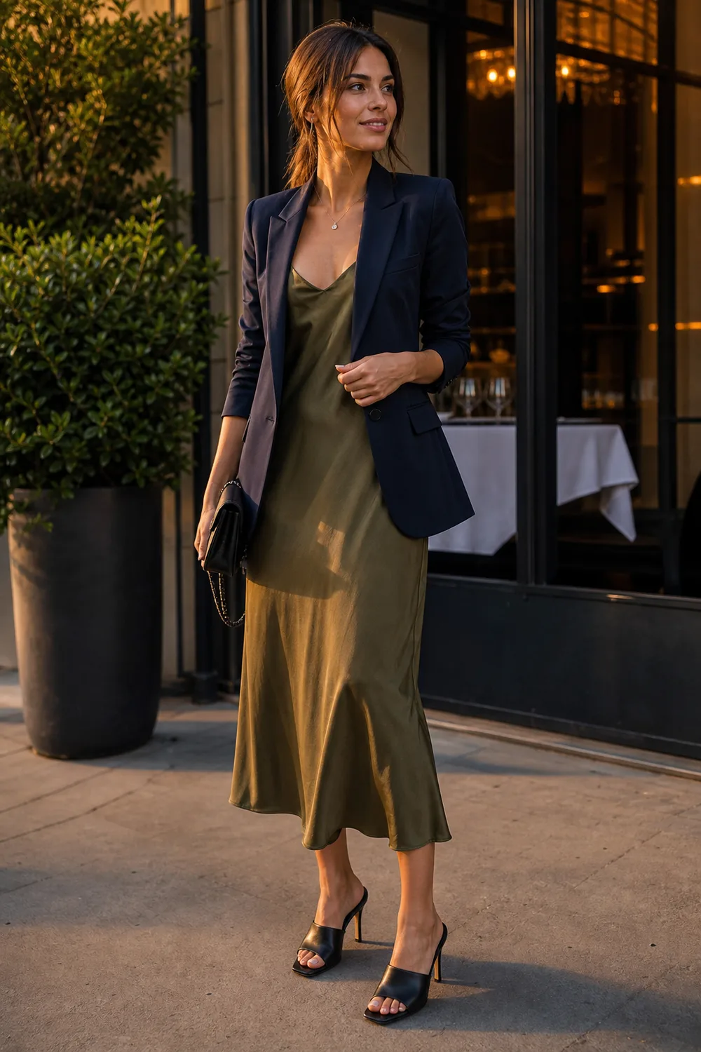A navy lightweight blazer over an olive slip midi dress with black heeled mules
