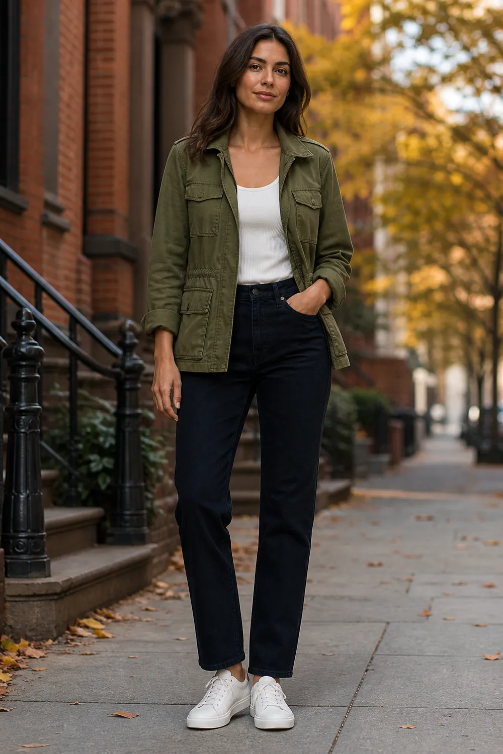 An olive utility jacket over an ivory tank with dark straight jeans and white leather sneakers