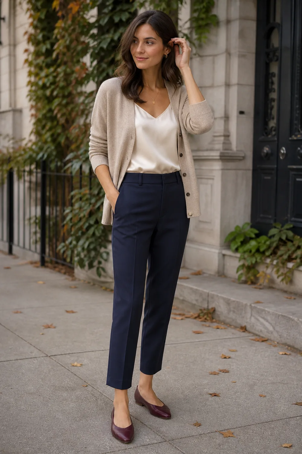 An oatmeal fine-knit cardigan over a champagne silk camisole with navy ankle trousers and burgundy flats