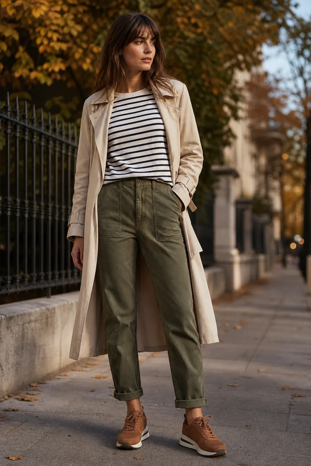 A stone trench worn open over a striped tee with olive chinos and brown sneakers