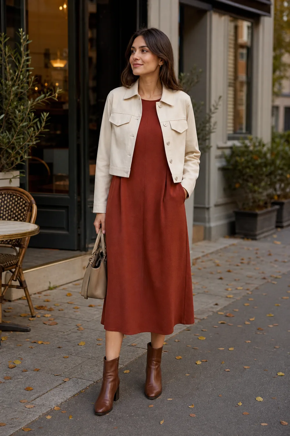 A rust sleeveless midi dress under a cropped cream jacket with brown ankle boots