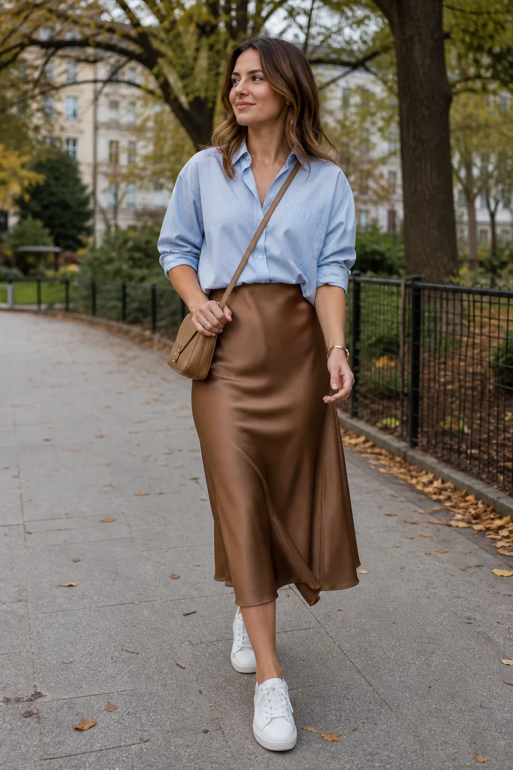 A pale blue Oxford shirt with a bronze satin midi skirt and clean white sneakers