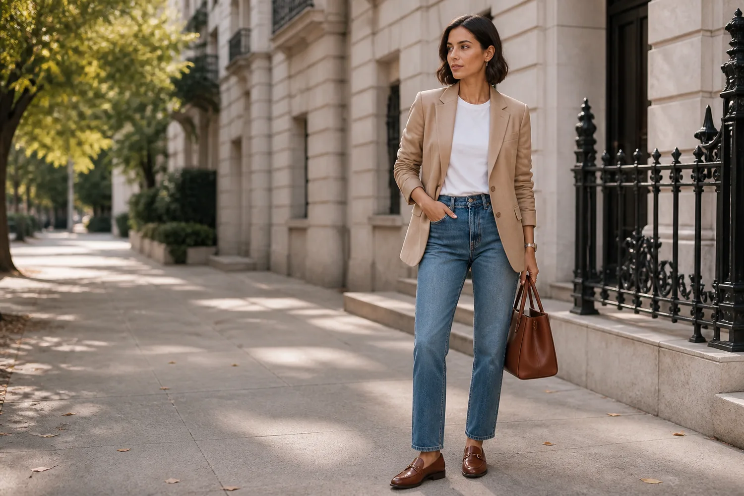 Woman wearing a camel linen blazer, white T-shirt, straight-leg jeans, and brown loafers on a mild fall day