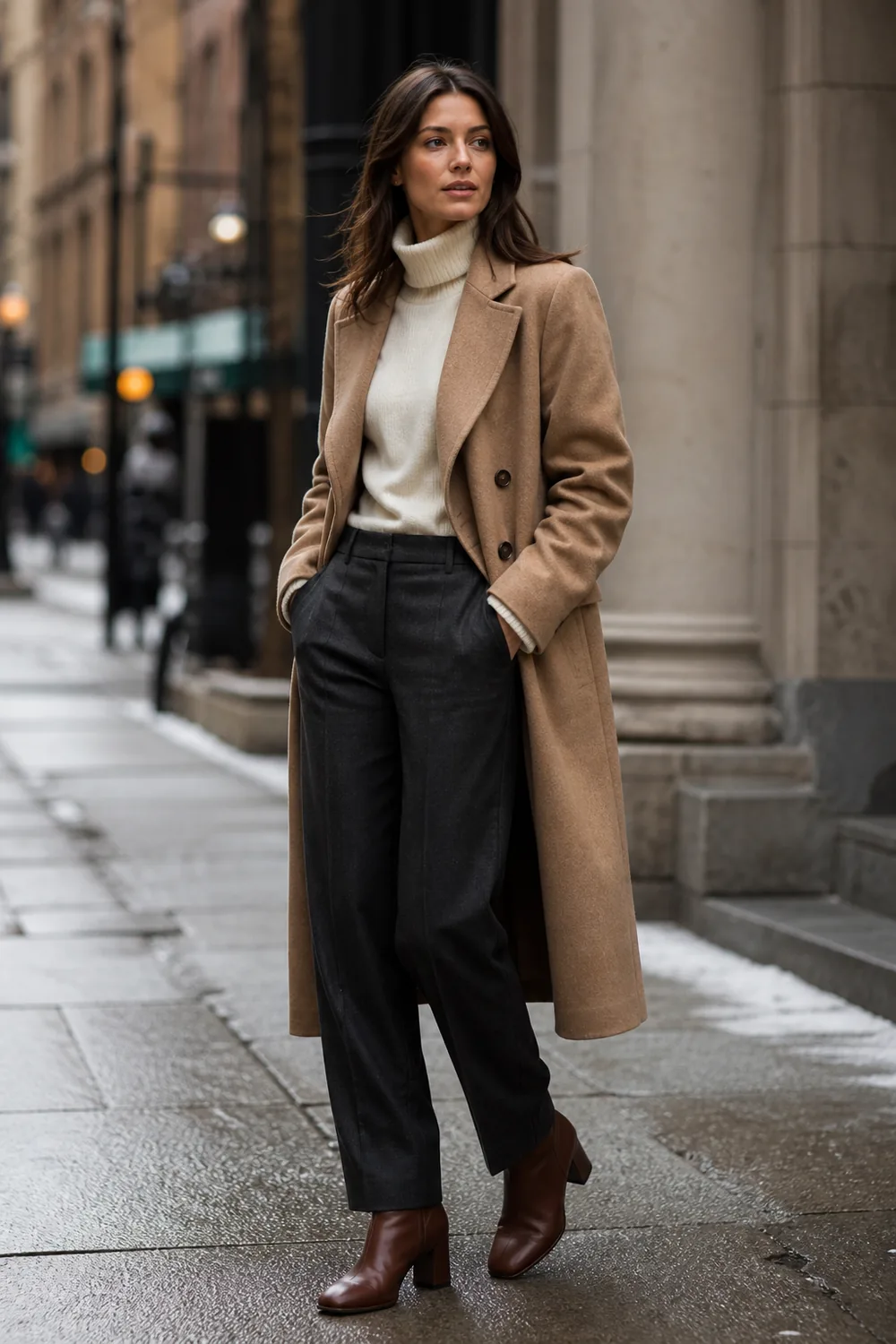 A camel wool coat, ivory turtleneck, charcoal trousers, and brown ankle boots