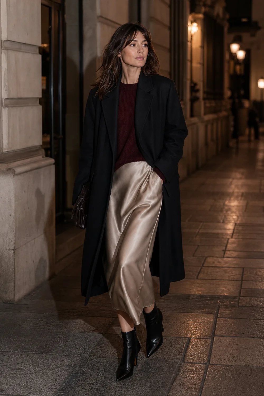 A black wool coat, fine burgundy knit, champagne satin midi skirt, and black ankle boots