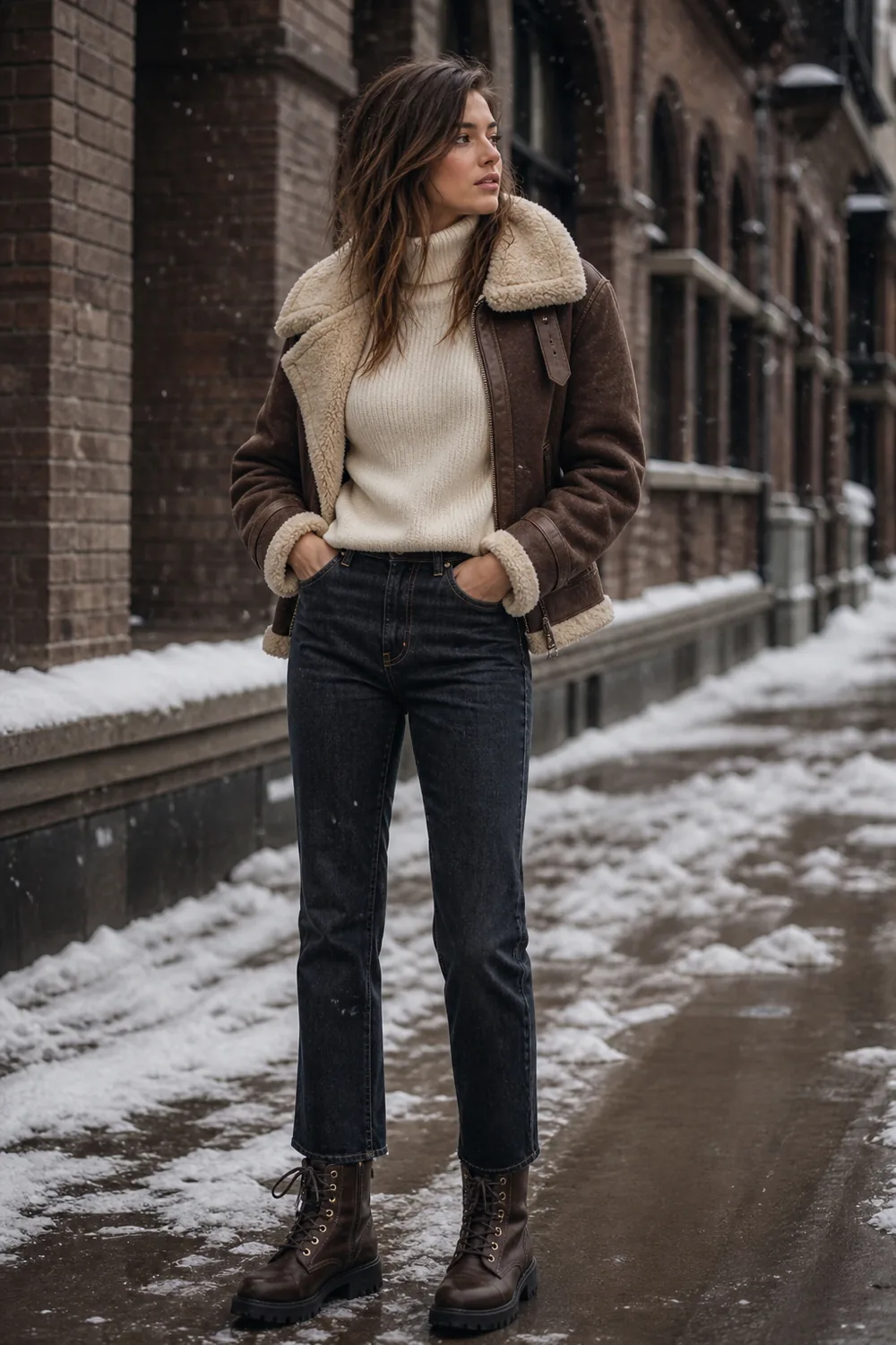 A brown shearling jacket, ivory knit, dark straight jeans, and weatherproof lace-up boots