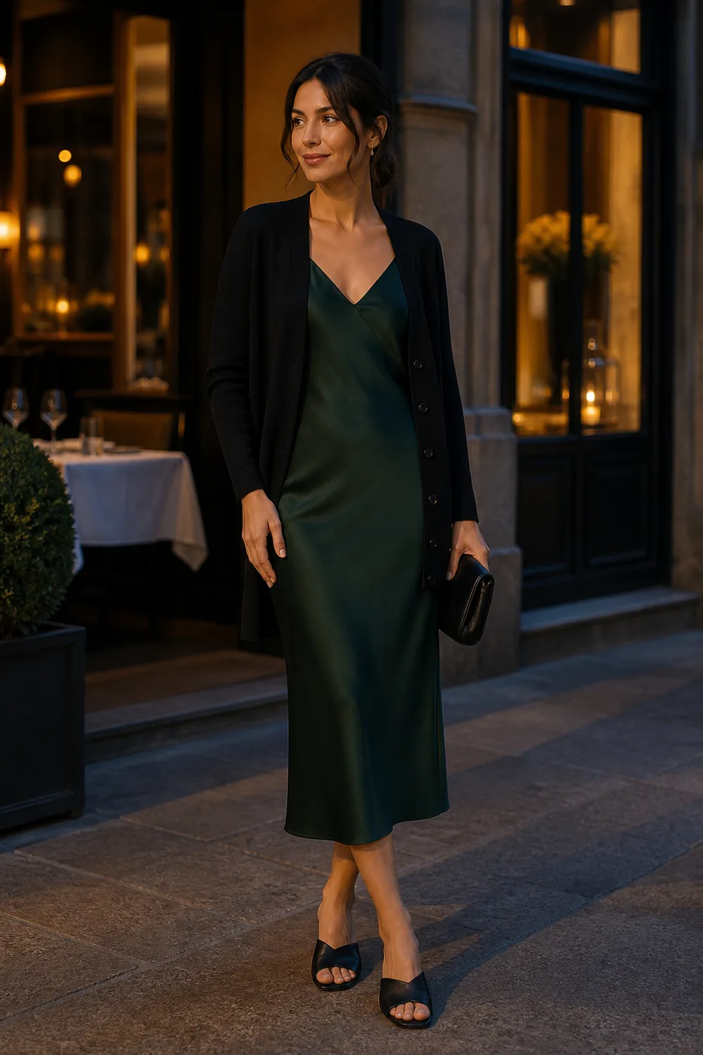 Fine black cardigan over a forest-green satin slip dress with low black heeled mules