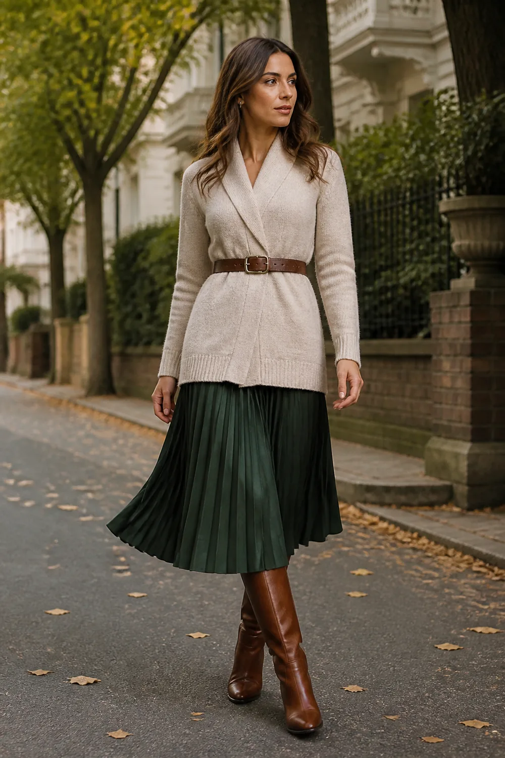 Belted oatmeal cardigan with a dark green pleated midi skirt and brown knee-high boots