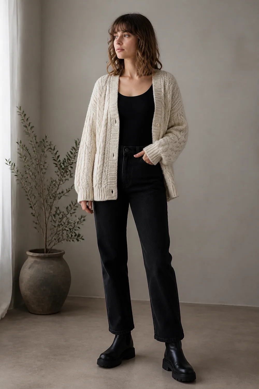 Chunky cream cable-knit cardigan over a black tank with straight black jeans and lug-sole boots