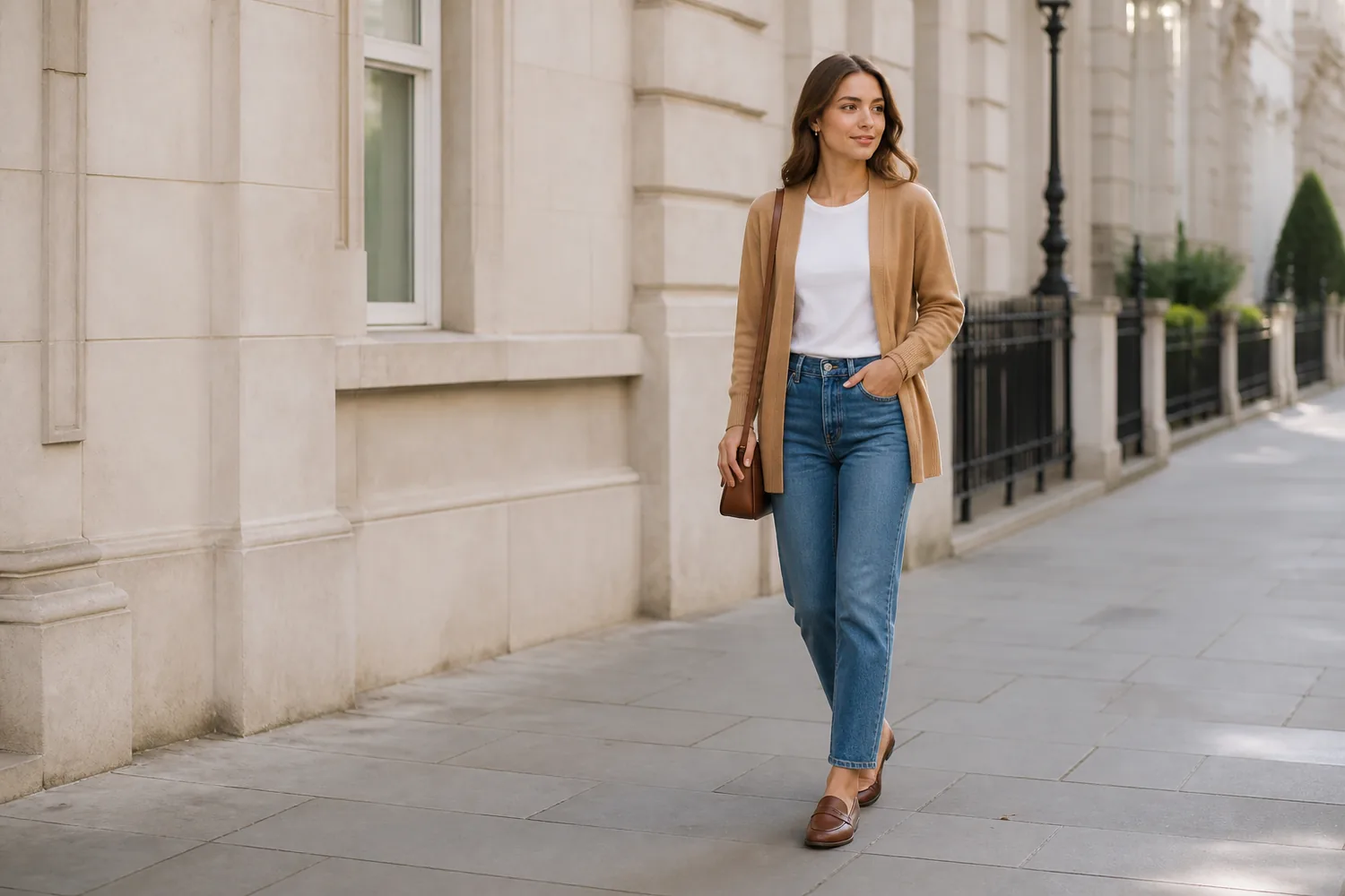 Woman wearing a camel cardigan, white T-shirt, straight blue jeans, and brown loafers on a city sidewalk