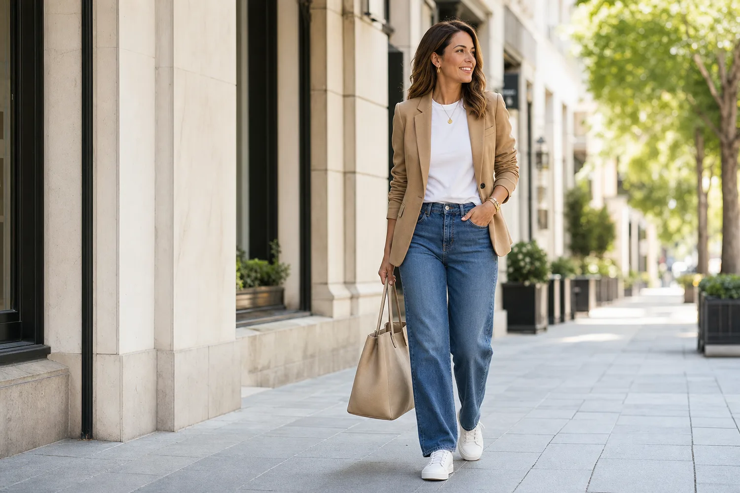 Woman wearing a camel blazer, white T-shirt, relaxed jeans, and white sneakers on a city sidewalk