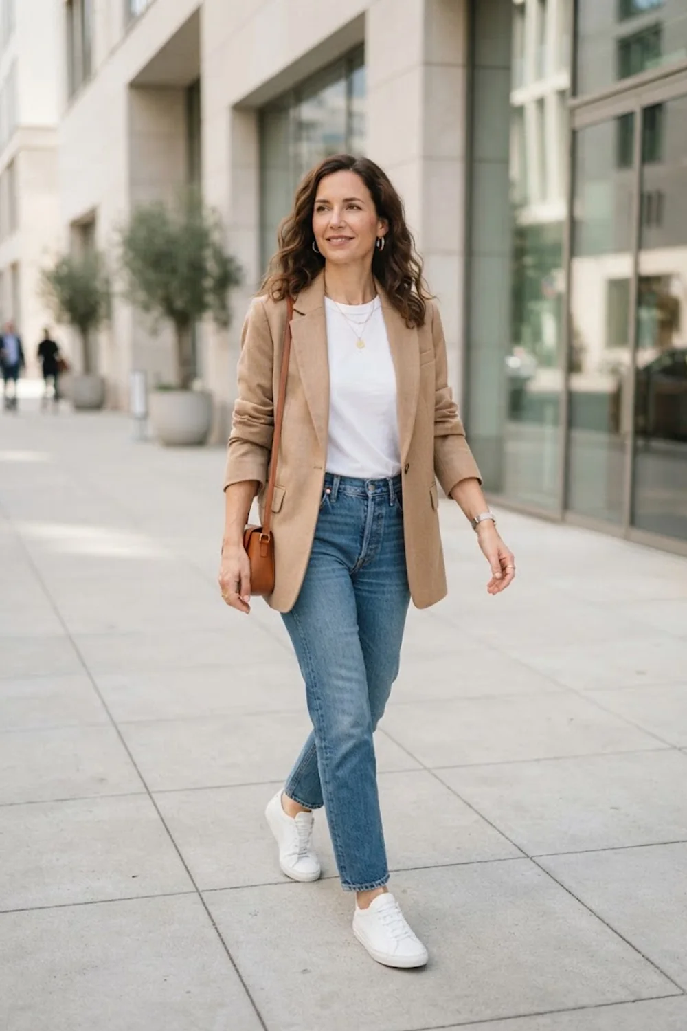 Open camel blazer over a white T-shirt with straight-leg jeans and white sneakers