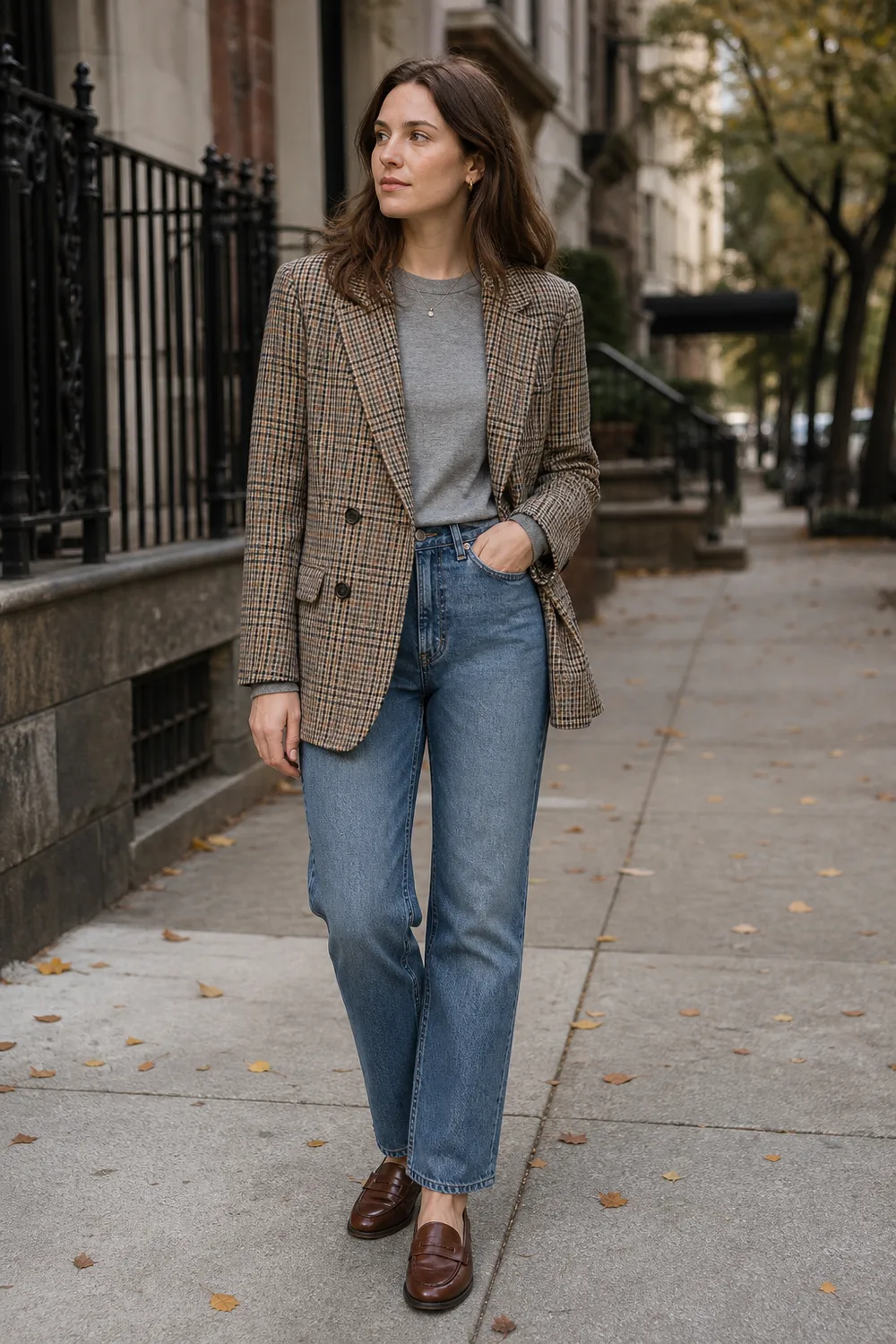 Woman wearing a brown plaid blazer, gray T-shirt, straight-leg jeans, and brown loafers