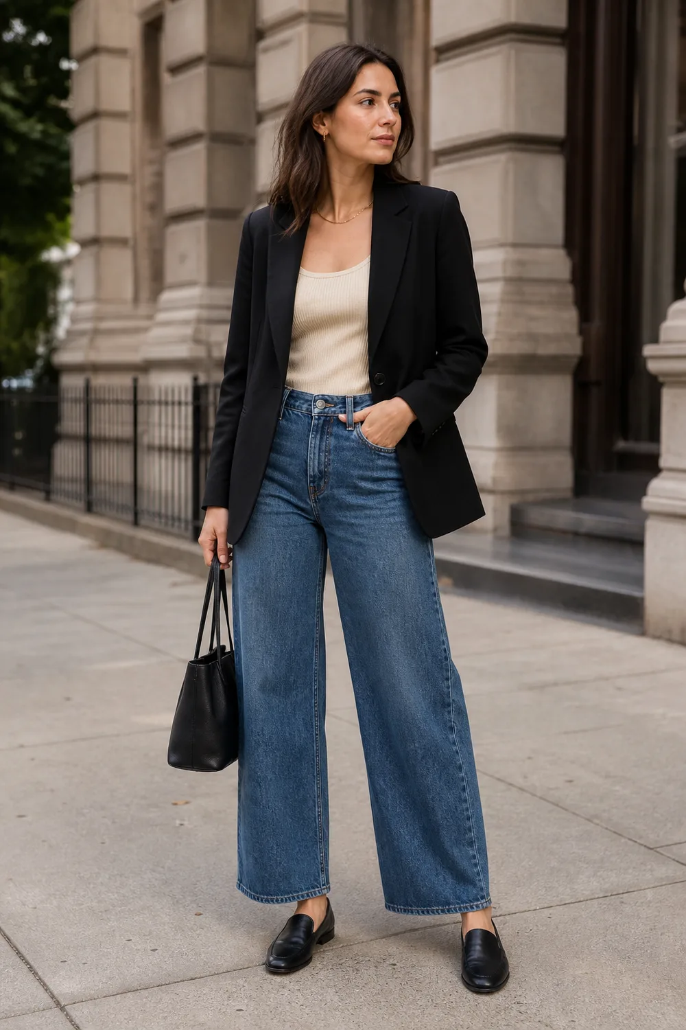 Woman wearing a black blazer, ribbed tank, wide-leg jeans, and black leather loafers