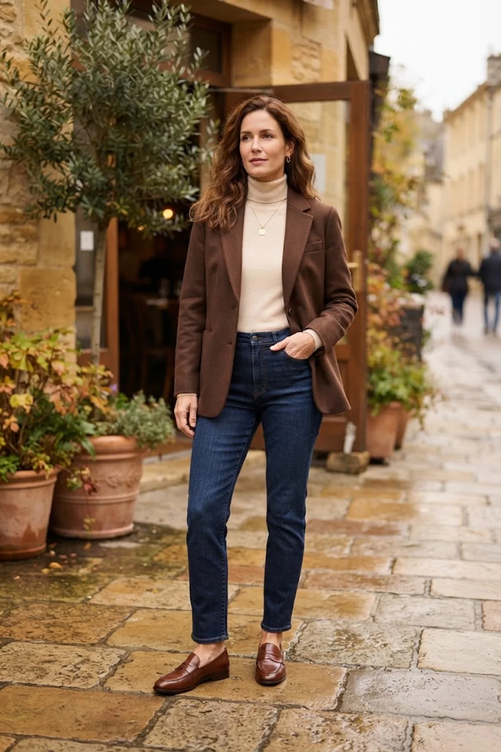 Chocolate-brown blazer over a cream turtleneck with dark straight-leg jeans and penny loafers