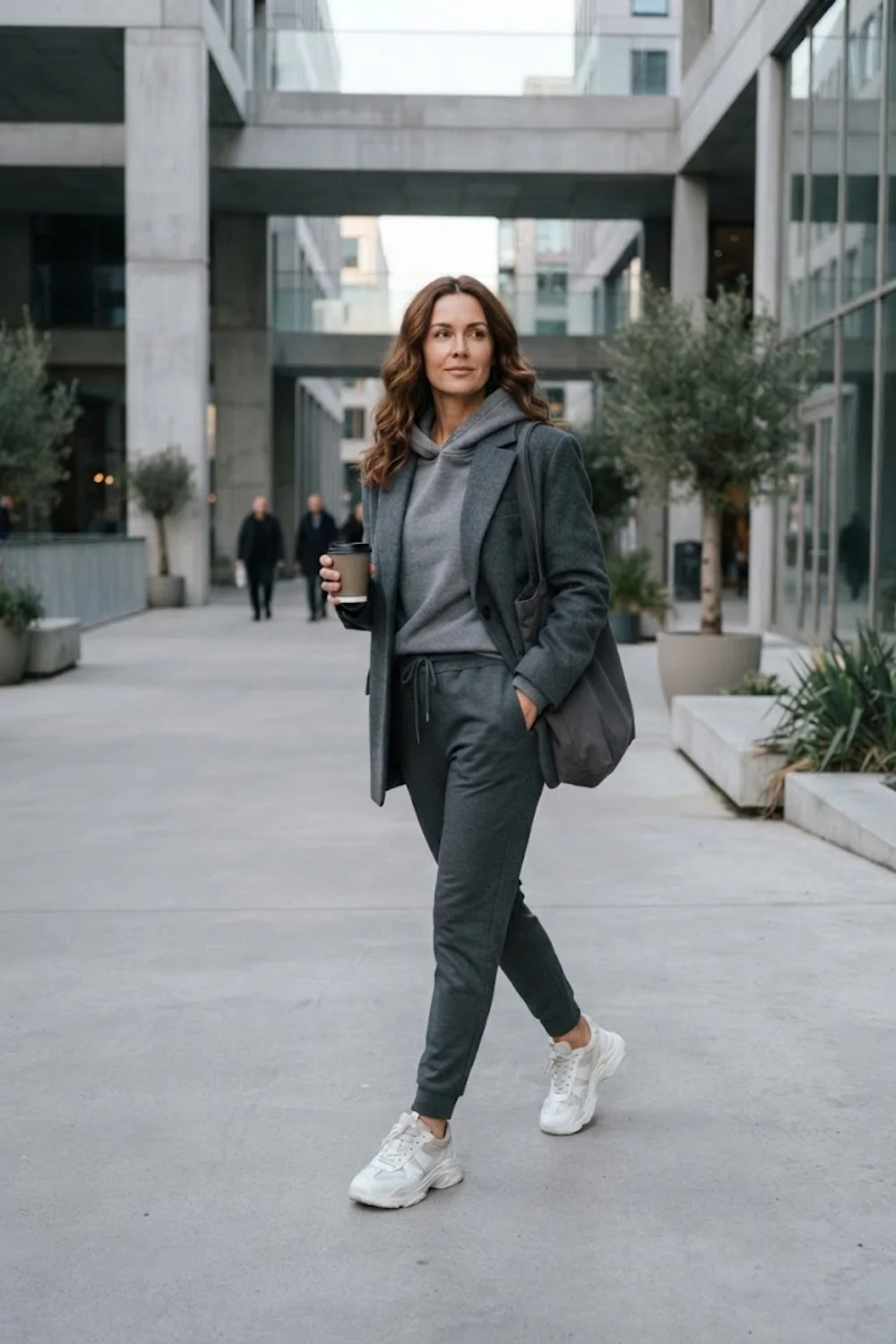 Charcoal blazer layered over a gray hoodie with tapered joggers and chunky trainers