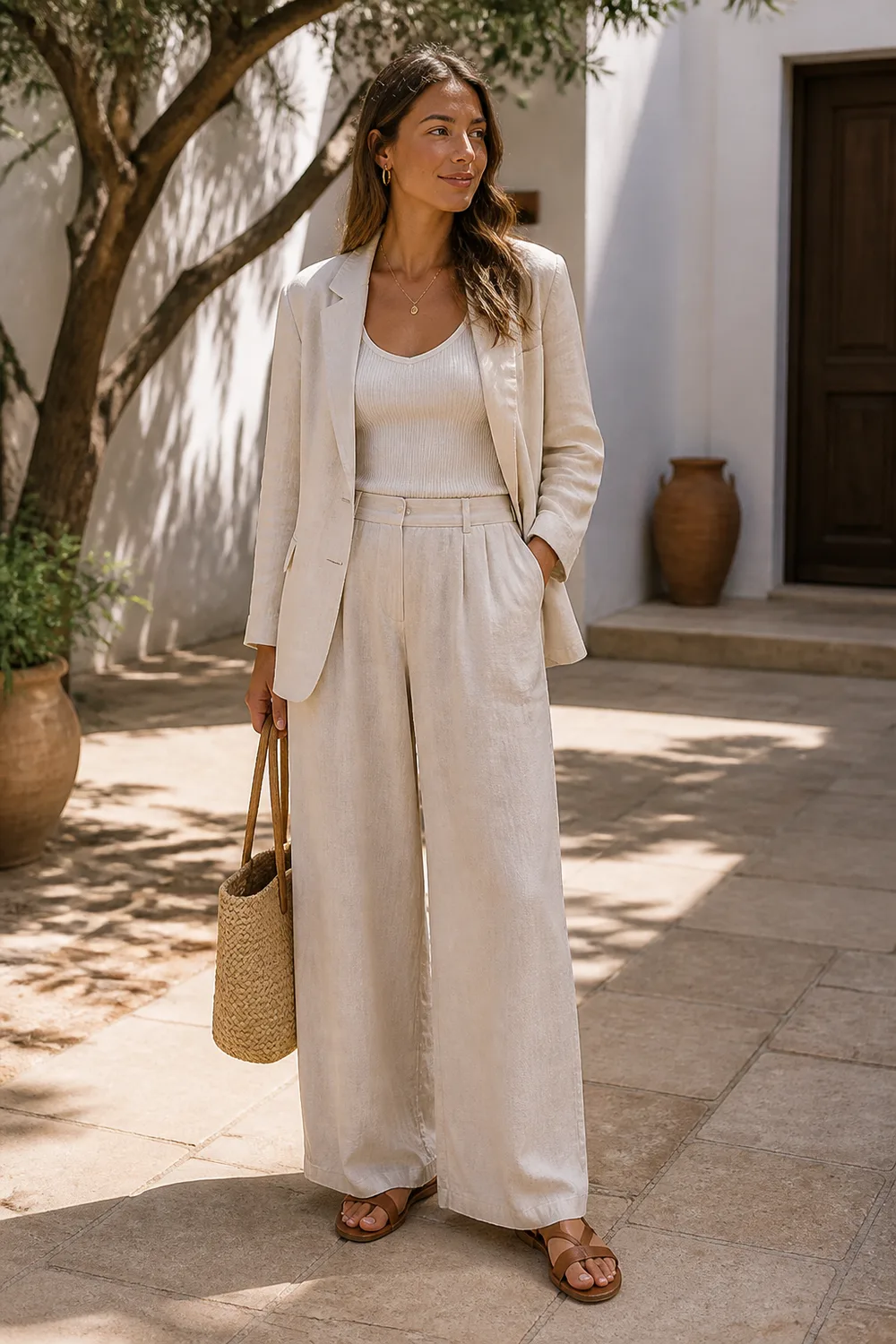 Woman wearing a cream linen blazer, knit tank, wide-leg linen trousers, and flat sandals