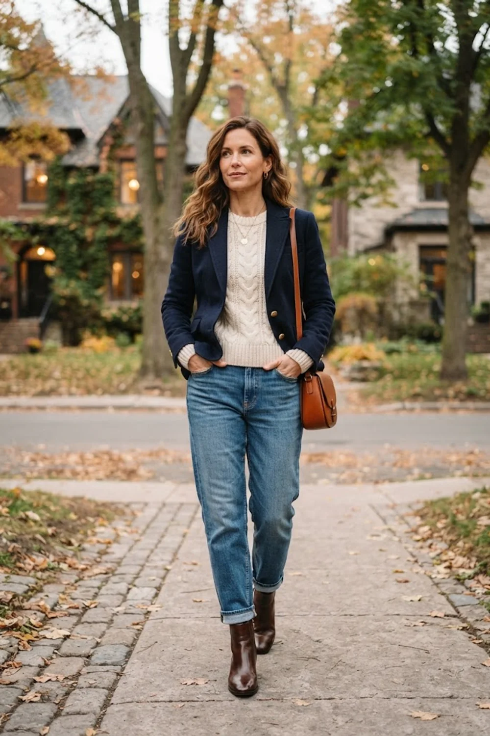 Navy blazer over a cream cable-knit sweater with relaxed jeans and ankle boots