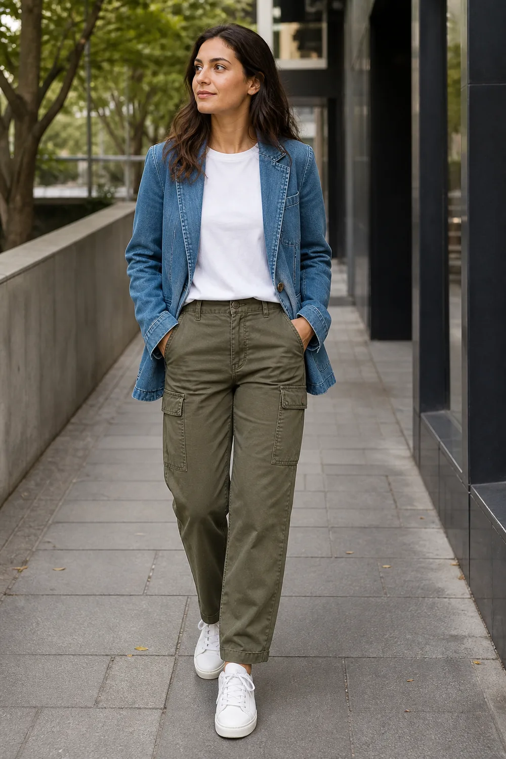 Woman wearing a denim blazer, white T-shirt, olive cargo pants, and white sneakers