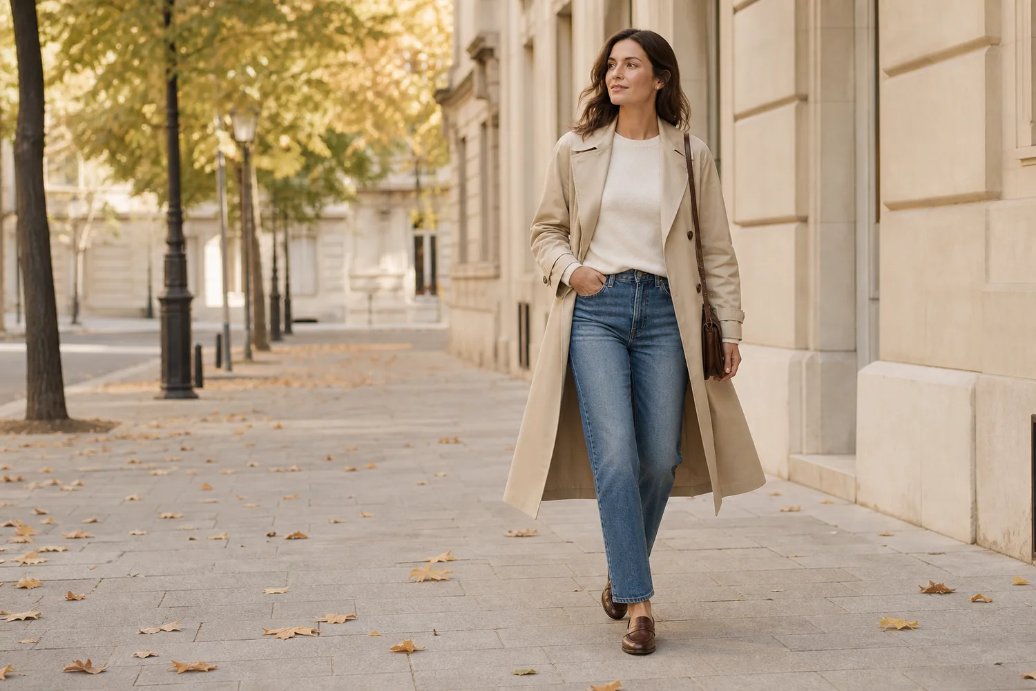 Woman wearing a stone trench over a cream sweater with straight jeans and brown loafers on an early-fall city street