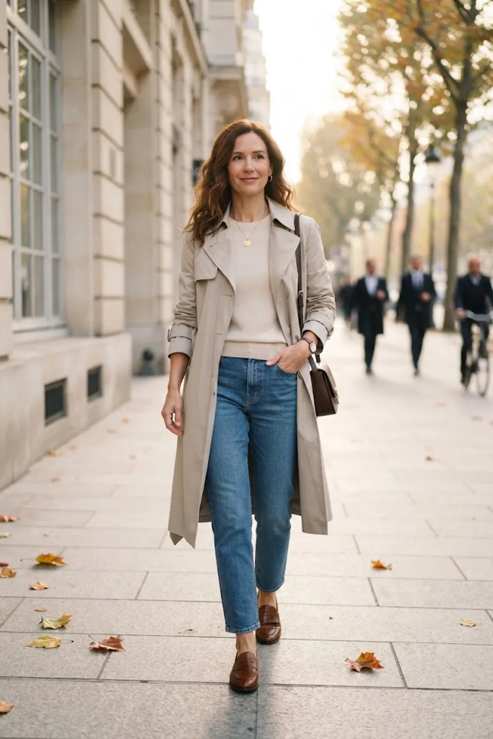Stone trench over a cream crewneck sweater with straight blue jeans and brown loafers