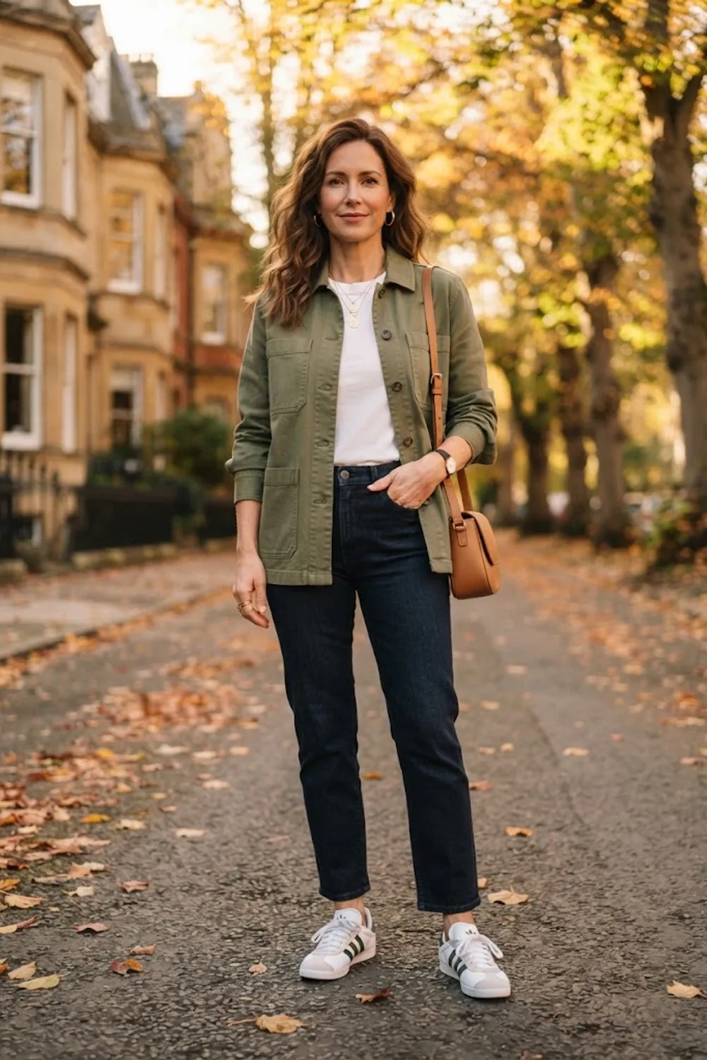 Olive cotton shacket over a white T-shirt with dark straight jeans and white sneakers
