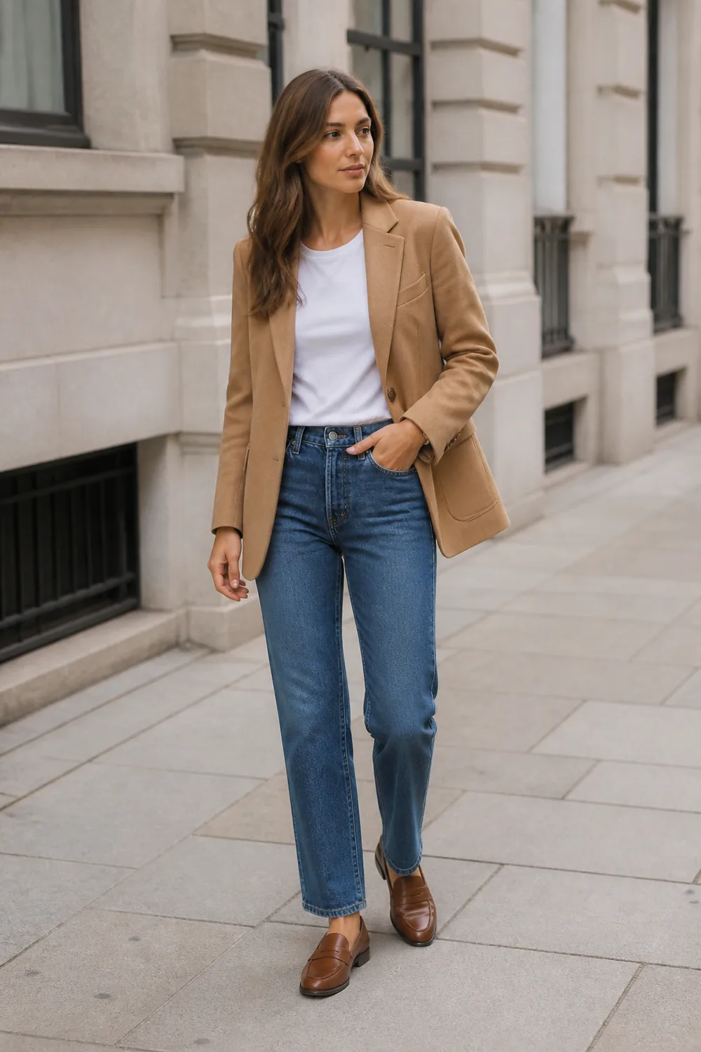 Camel blazer over a white T-shirt with straight blue jeans and brown penny loafers