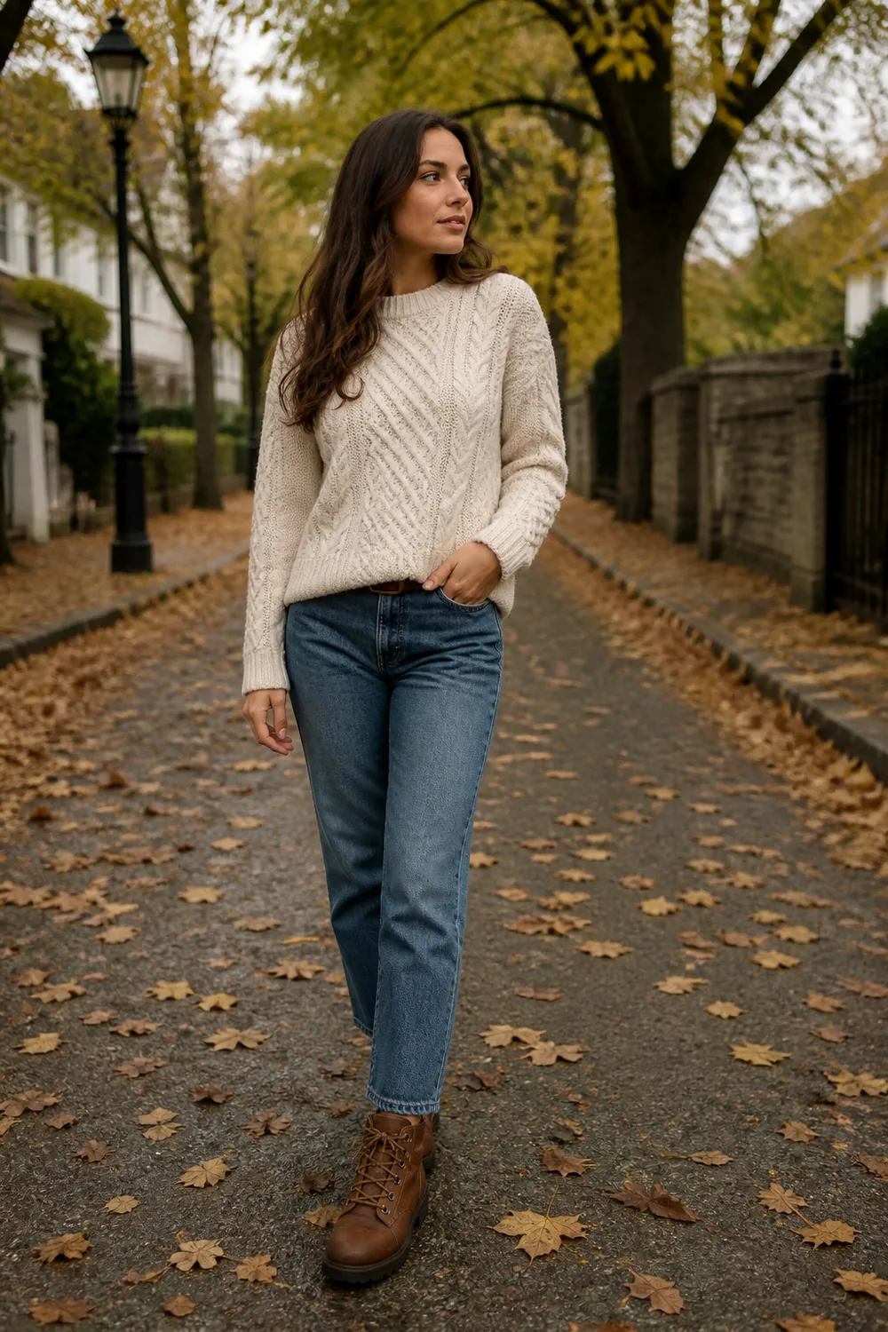 Cream cable-knit sweater with straight blue jeans and brown leather hiking boots on a fall street