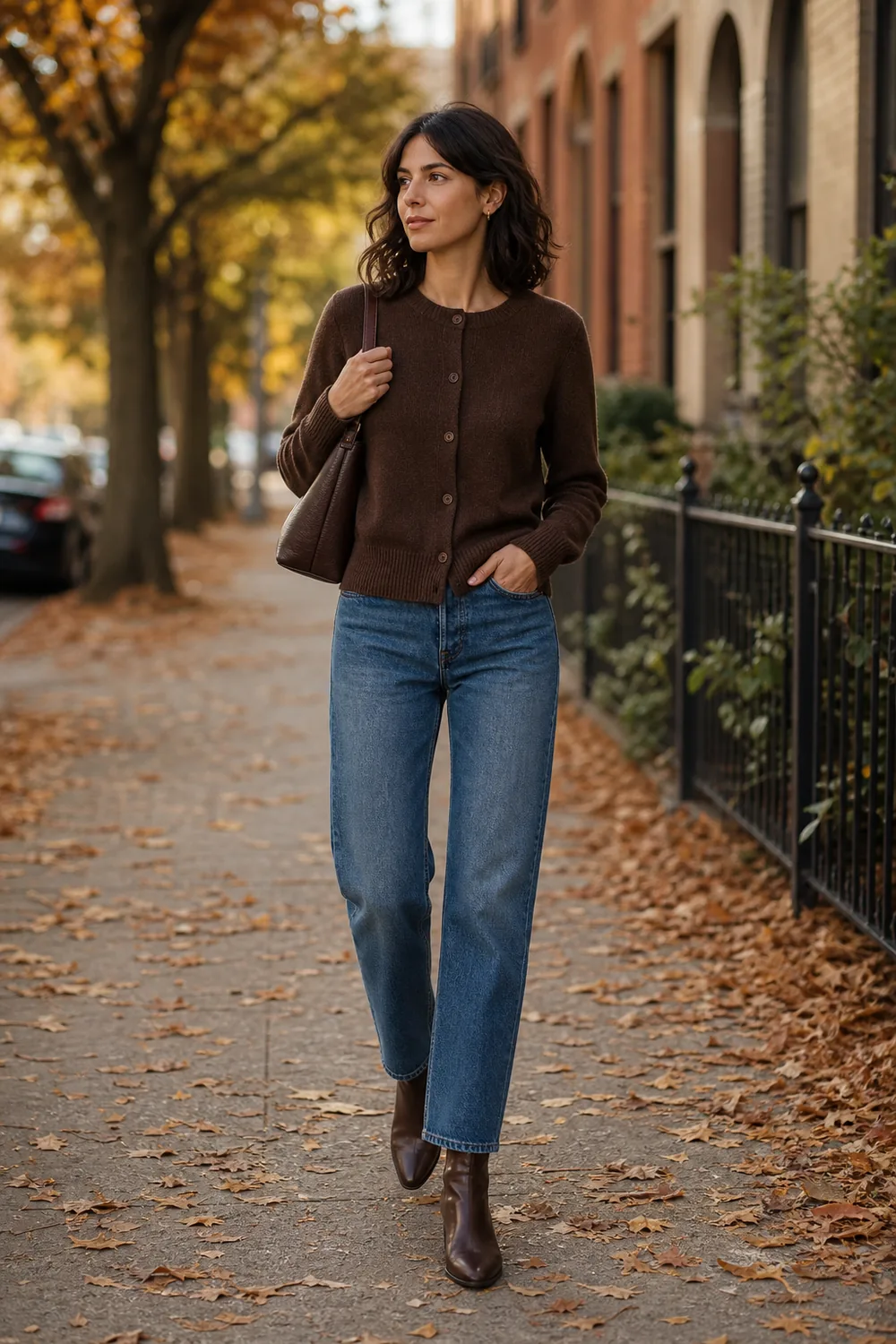 Chocolate-brown cardigan with straight blue jeans and dark brown leather ankle boots