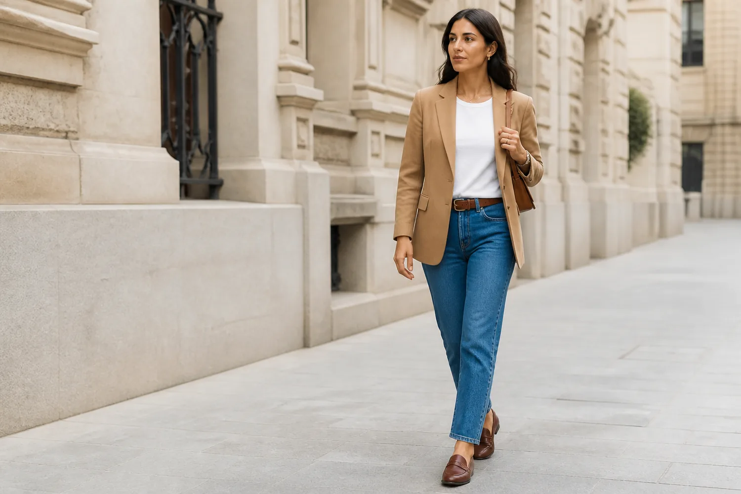 Woman wearing a camel blazer, white T-shirt, straight-leg blue jeans, and brown loafers on a city street