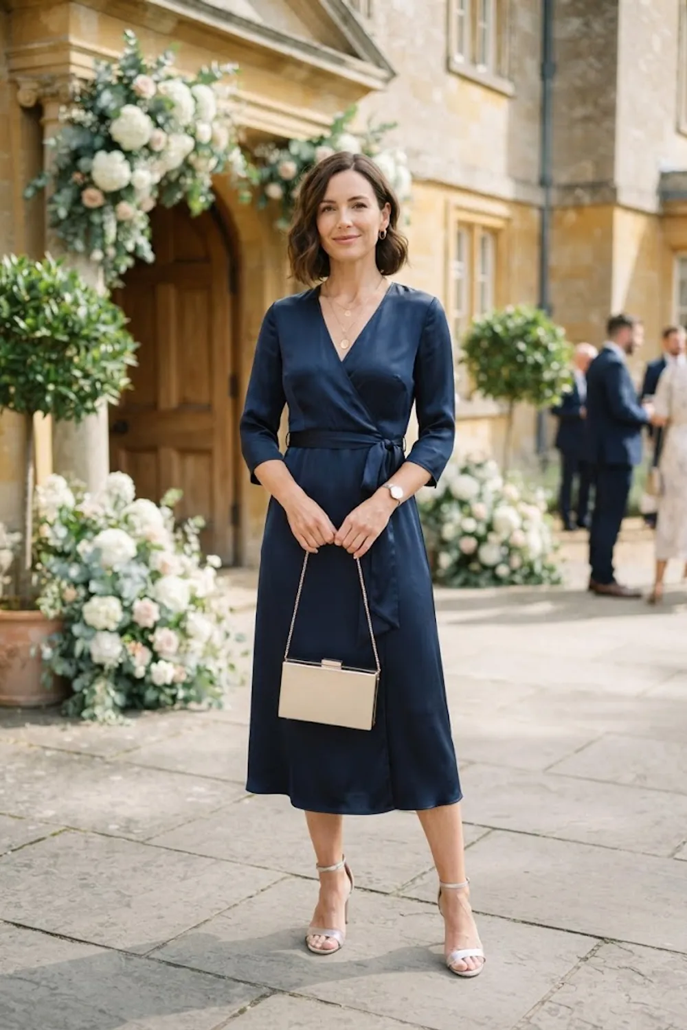 Navy wrap midi dress with metallic sandals and a champagne evening bag at a daytime wedding venue