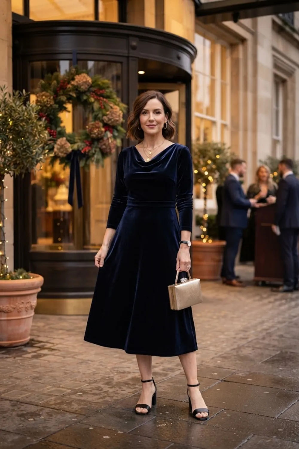 Deep navy velvet midi dress with black ankle-strap heels and a metallic evening bag
